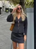 TRAFZA Women Spring Skirt Suits Solid V-Neck Long Sleeve Covered Button Cardigan+High Waist Knitted Mini Skirts Female Slim Sets 6