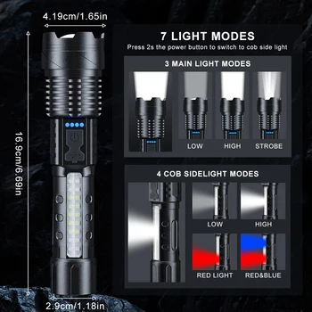 Zoomable Super Bright Flashlight 30W 7Mode COB LED Tactical Flashlight Portable Rechargeable Outdoor Lamp Built in Battery 5