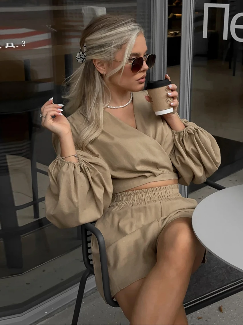 Marthaqiqi Cotton Female Pajamas Suit V-Neck Sleepwear Crop Top Lace Up Nightie Long Sleeve Nightwear Shorts Casual Pyjamas Sets