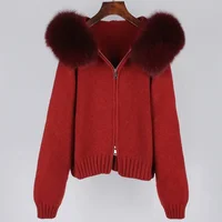 2024 Fashion Autumn Winter Casual Hooded Real Fox Fur Collar Fashion Short Knitted Jacket with Natural Fur Coat for Women - Image 4