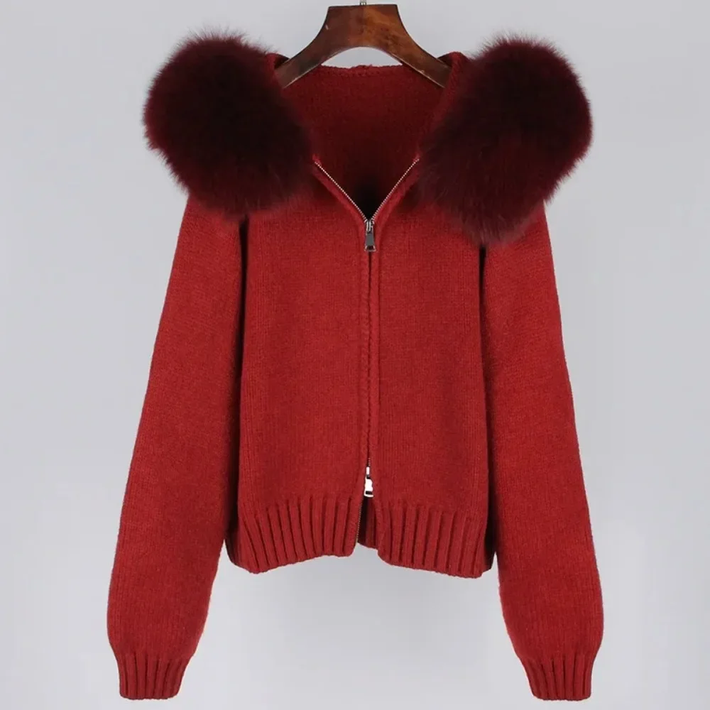2024 Fashion Autumn Winter Casual Hooded Real Fox Fur Collar Fashion Short Knitted Jacket with Natural Fur Coat for Women 4