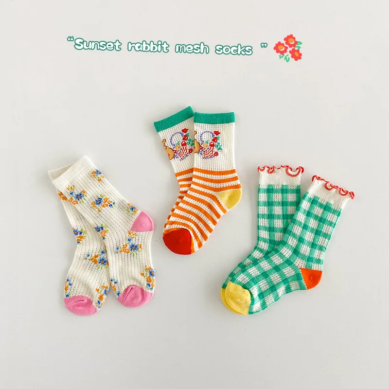 Spring Summer Socks Children Mesh Socks Kids Girls Calf Length Polka Dots Socks 3 Pairs/bag 6