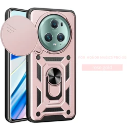 Enhanced Magnetic Ring Holder Armor Phone Case with Slide Camera Protector for Honor Magic5 Pro (SJ Rose Gold)