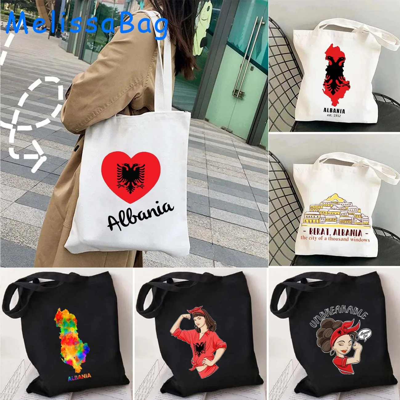 

Tirana Berat Albania Country Map Flag Heart Gift Shoulder Canvas Tote Bag Harajuku Shopping Fashion Casual Bags Shopper Handbags