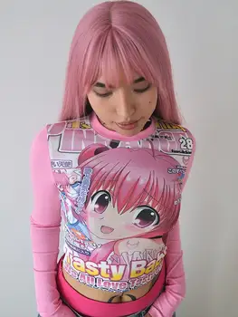 Deeptown Harajuku Kawaii Anime Graphic T Shirts Women Cutecore Cartoon Patchwork Tees Y2K Aesthetic Slim Crop Top Japanese 2000s 1