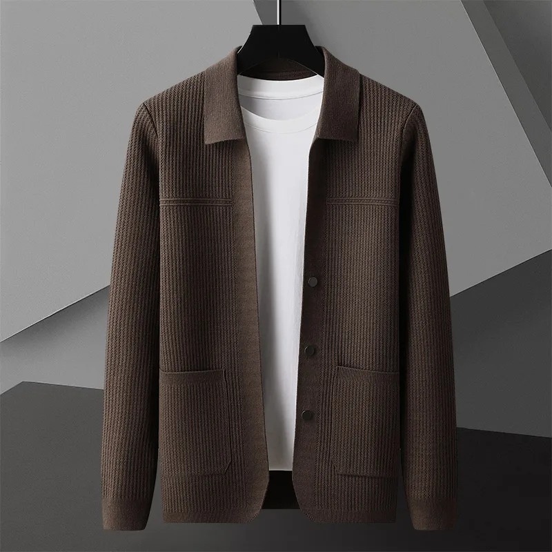 Luxury fashionable jacquard design knitted cardigan men's spring and autumn casual lapel pocket jacket sweater coat