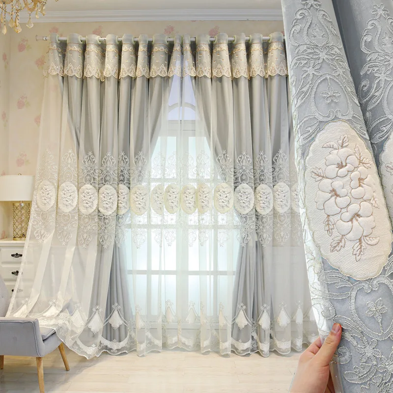 

1 Panel 132cm Width European Double Layer Curtain with Sheer Curtain for Living Room Bedroom Luxury Embroidered Curtain