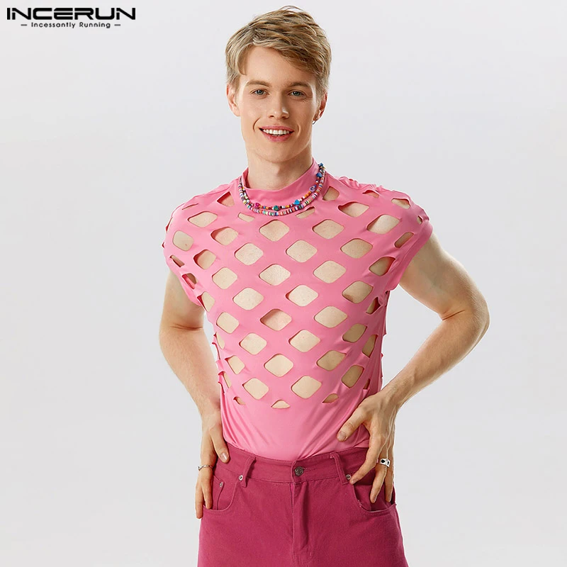 

Sexy Fashionable Style Men Homewear INCERUN Half High Collar Solid Bodysuits Hollowed Out Sleeveless Comfortable Jumpsuits S-5XL