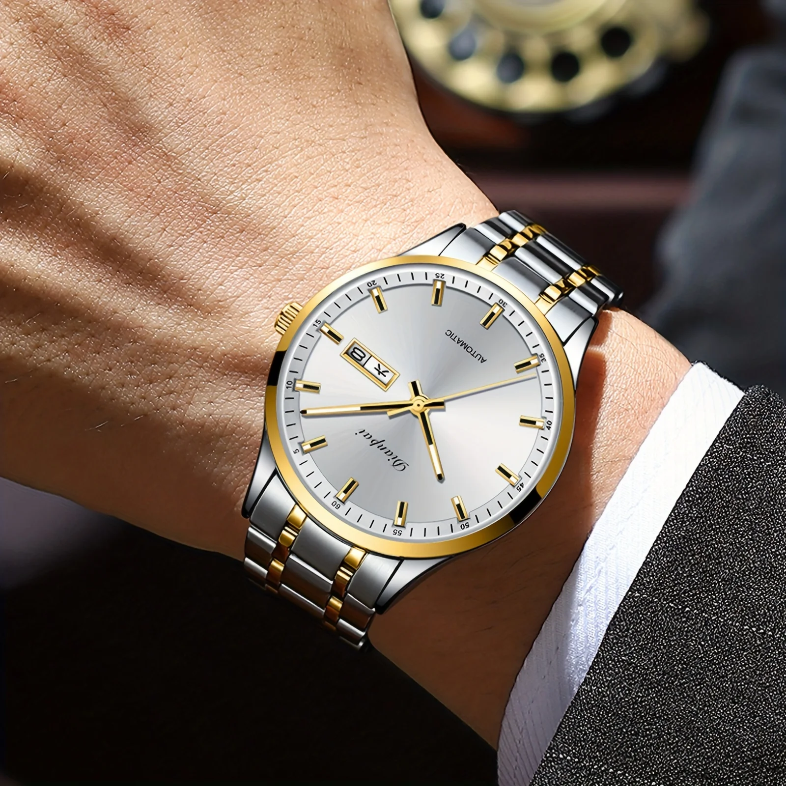Zunpai, orologio da polso da uomo, automatico, trasparente, con scheletro, meccanico, di lusso, classico, a carica automatica, calendario a carica automatica, in acciaio inox, impermeabile, Oro, Moda