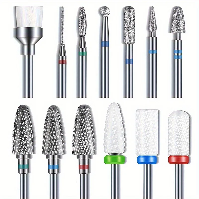 Diamond Carbide Nail Drill Bits Set 13PCS/SET 3/32" Hypoallergenic For Acrylic Nails Cuticle Nail Polish Remover