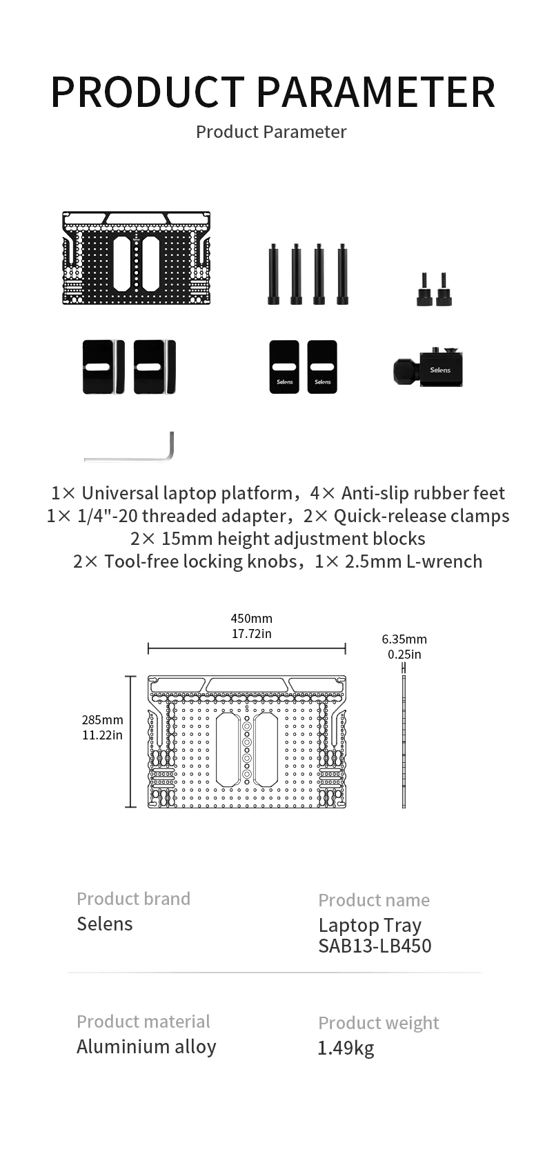 ,17.72x11.22in Universal Aluminum Alloy Laptop Stand Tray with 1/4" Screw Hole,S