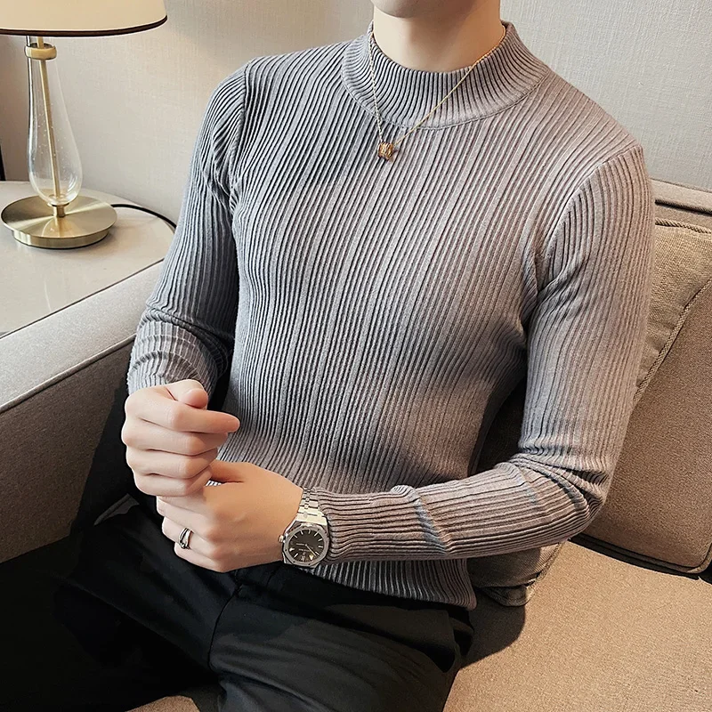 2024 Fashion Slim Fit Turtleneck Knitted Sweater Men Slim Fit Clothing Autumn New Casual Stripe Pullovers All-match Warm Tops