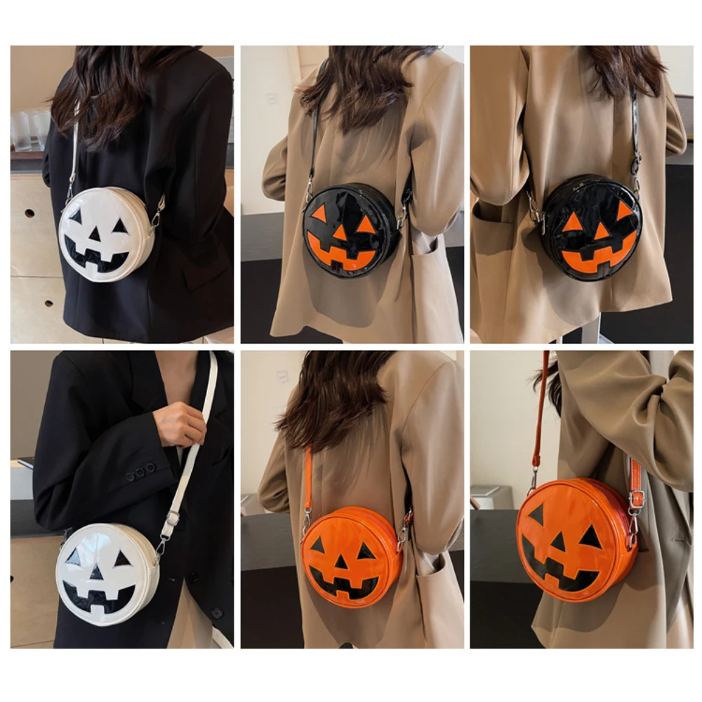 Women Halloween Pumpkin Crossbody Bag Round PU Leather Adjustable Strap Satchel Bag Funny Purse Creative Devil Shoulder Bag