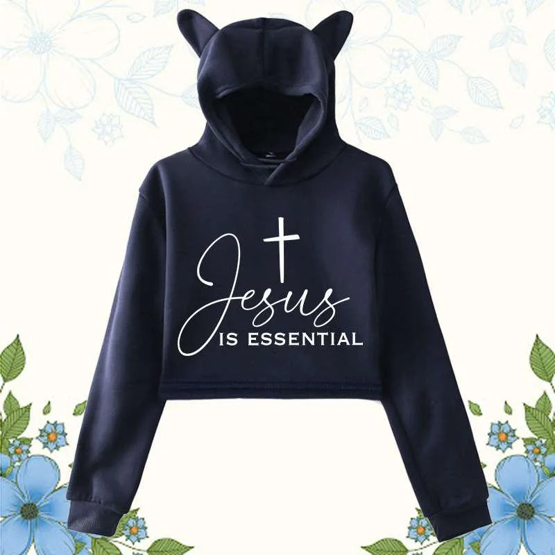 

Jesus Is Essential Graphic Printed Cropped Hoodies Women Fashion Casual Personality Hooded Long Sleeve Pullover Sweatshirts