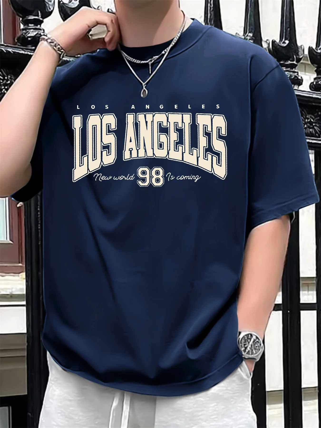 2025 new model Men's summer 100 cotton fashionable casual loose plus size Los Angeles 98 printed sports round neck short sleeved 2