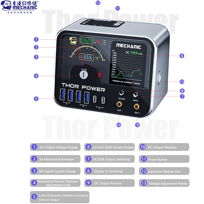 

Механический дополнительный интерфейс питания Thor, Интеллектуальный Регулируемый удобный источник питания IoT, проверка запуска телефона, ремонт материнской платы