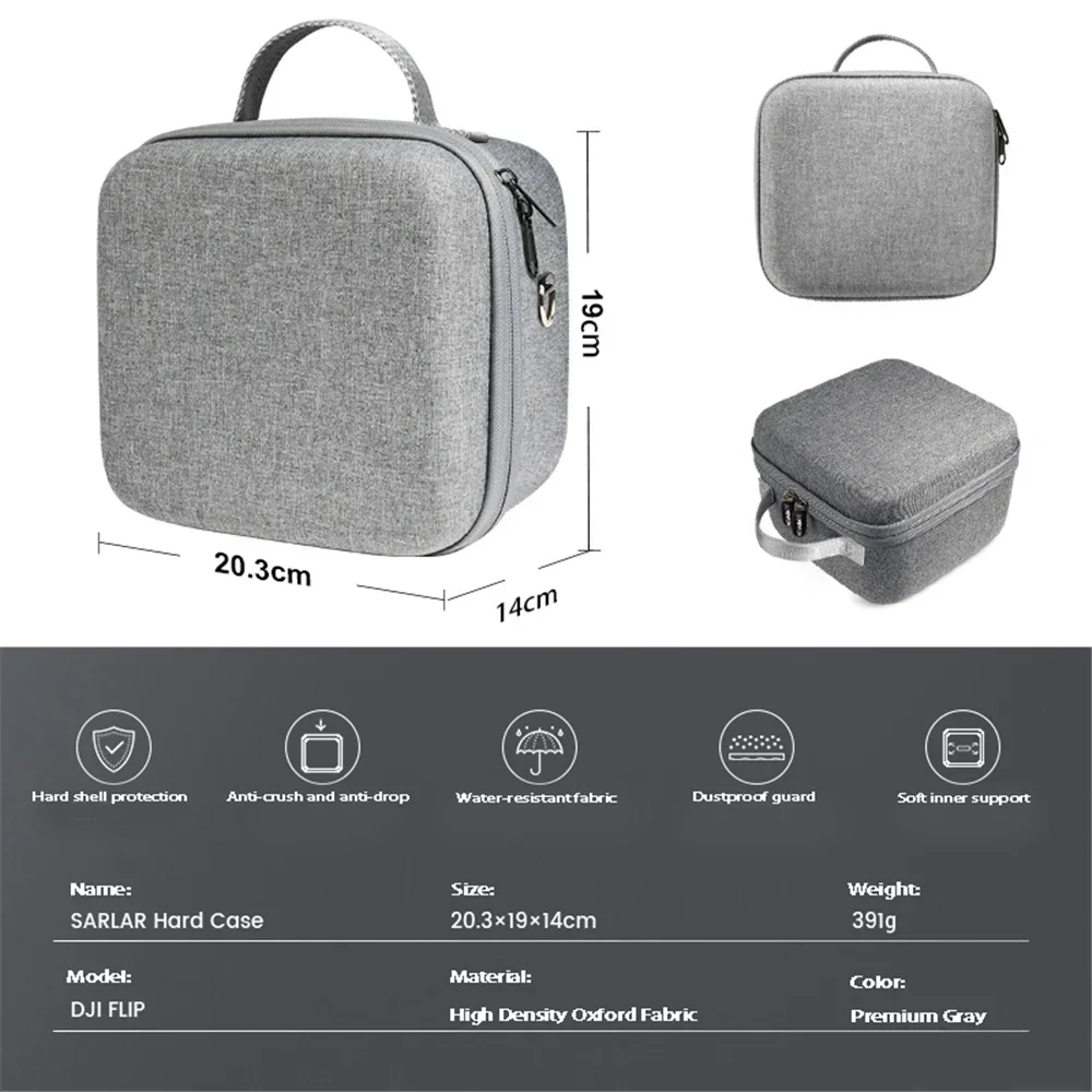 Sac de rangement Fly More Combo fermé, avec poignée de transport et logo DJI, posé sur une surface plane.