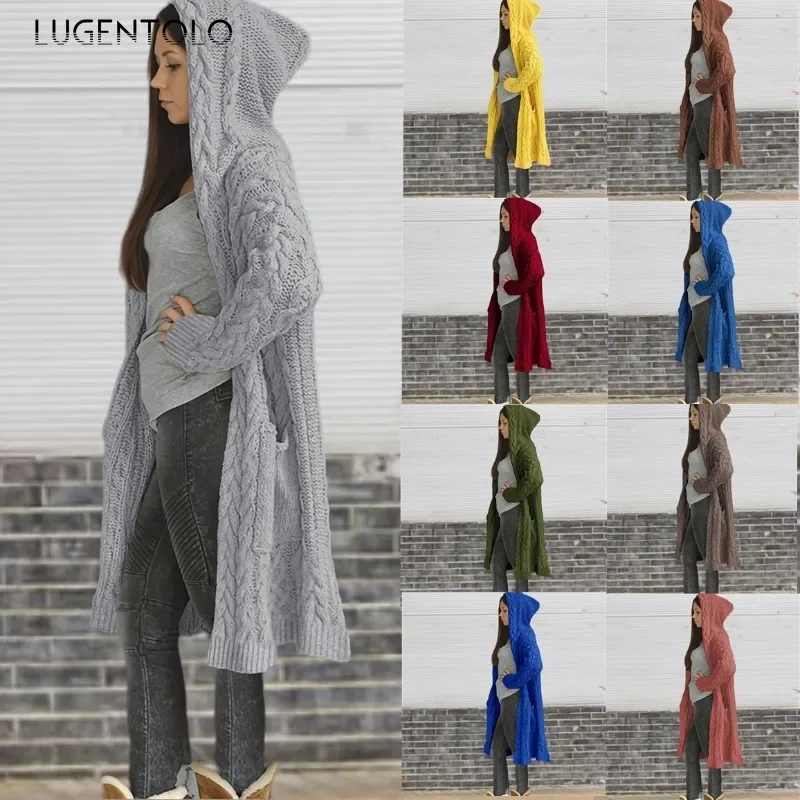 

Women Hooded Knitted Sweater Cardigan Twist Pocket Loose Autumn Winter Femae Casual Large Size Street New Lonng Cloth