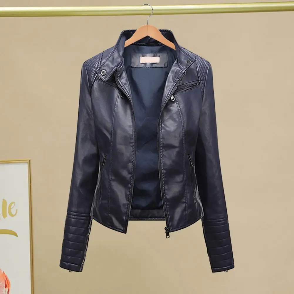 Women Slim Fit Faux Leather Jacket Stand Collar Long Sleeve Pockets Zipper Placket Biker Coat Thin Style Outwear