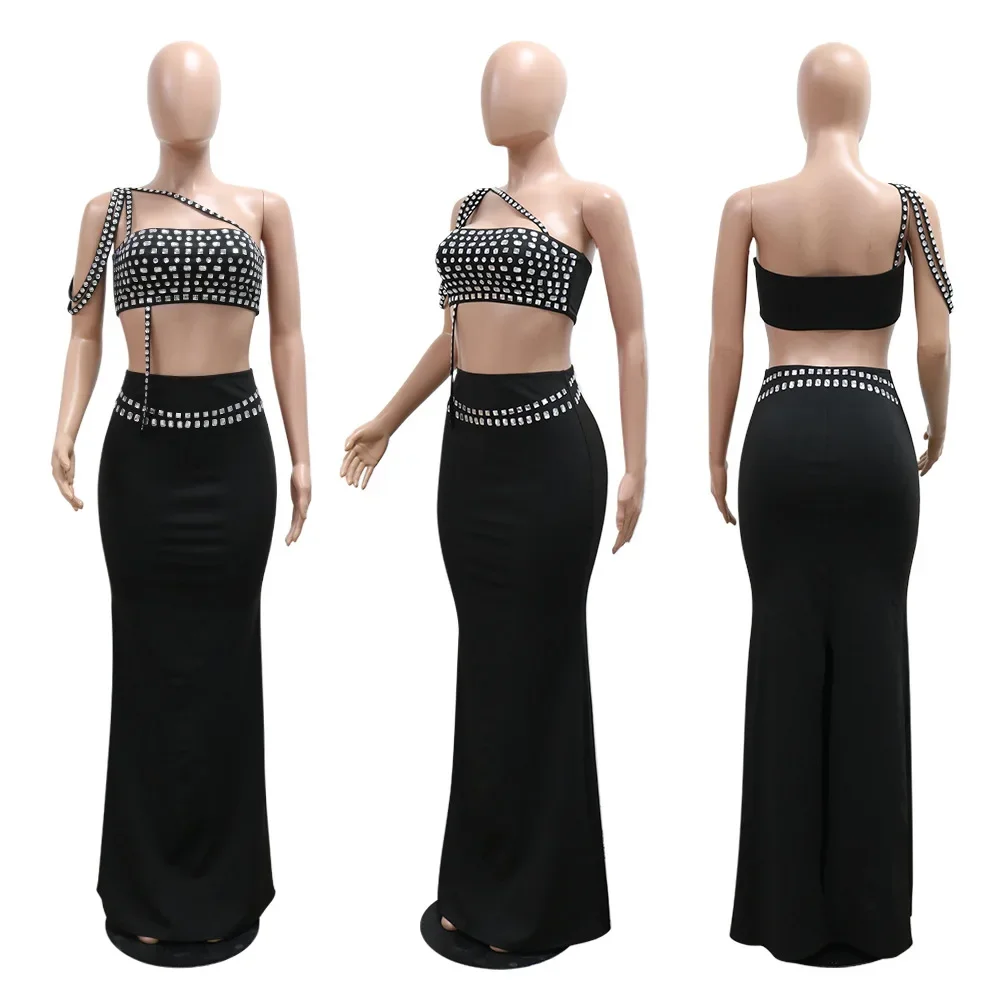 Women Set Diamonds Hot Rhinestones Strapless Top + Long Skirt Suit Dress Sets Two 2 Piece Set Party Club Night Outfits