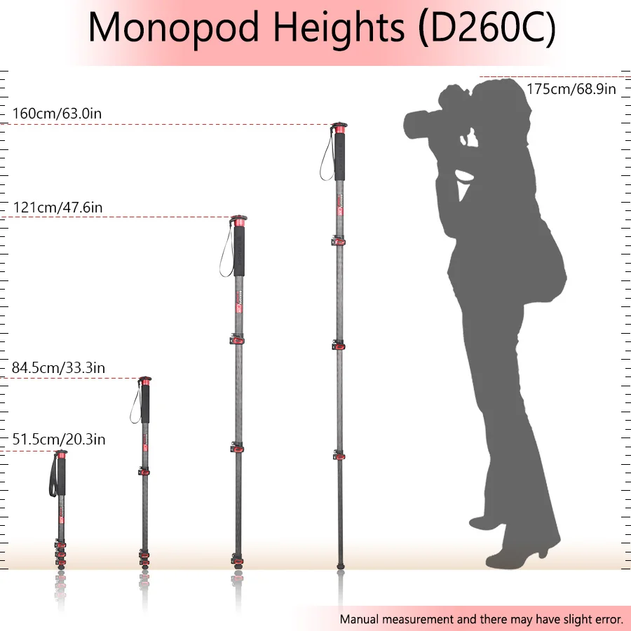 D260C/370C Professional Carbon Fiber Portable Travel Monopod Maxheight 160/169cm