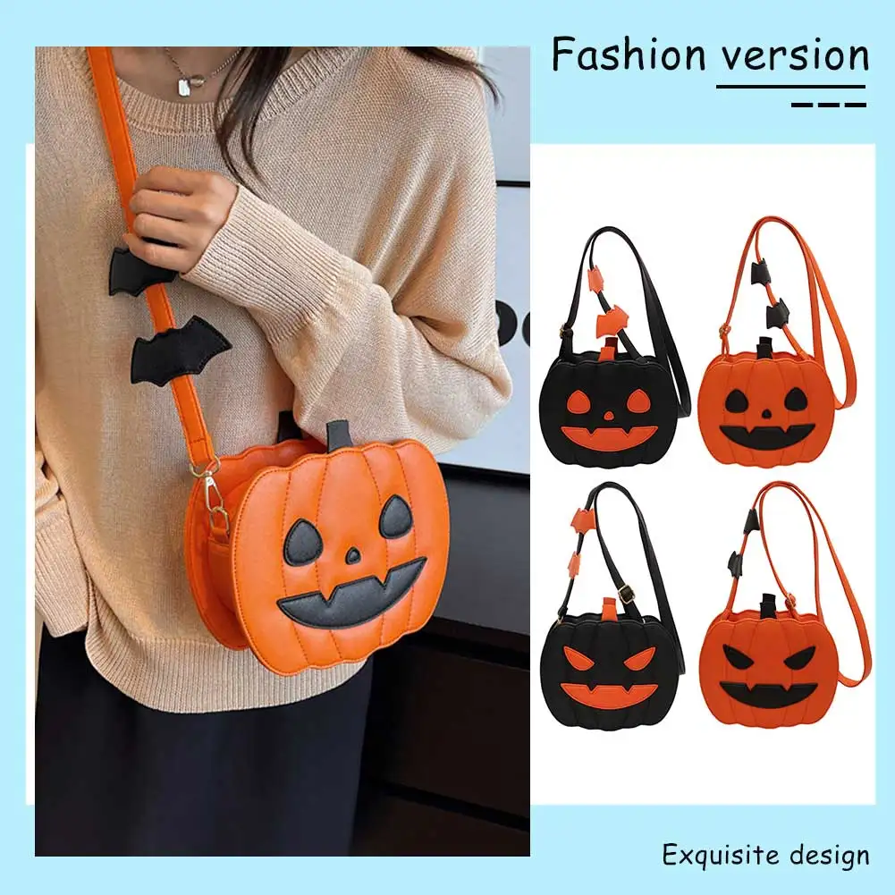Women Pumpkin Crossbody Bag PU Leather Demon Messenger Bag with Zipper Adjustable Strap Female Daily Halloween Bag