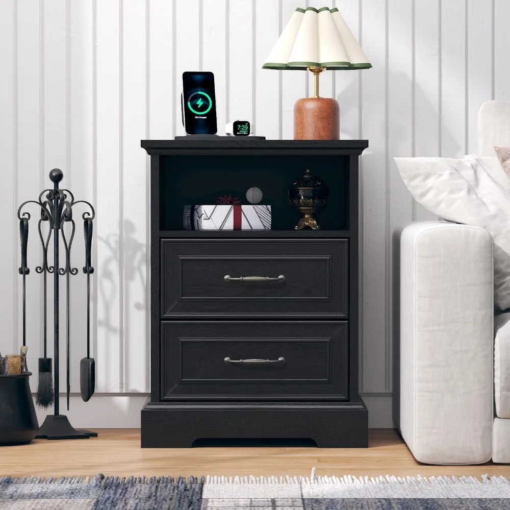 Farmhouse Nightstand with Charging Station, Side Table with 2 Storage Drawers, Rustic Wood Night Stand with Metal Handle 3