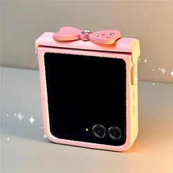 Solid Color Cute Pink Bow Korean Leather Rope Phone Case - Shockproof Back Cover for Z Flip 8 (A)