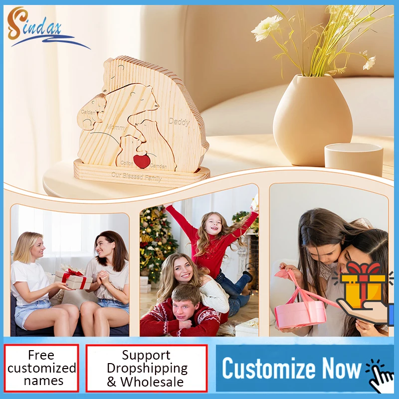 

Free Engraving Personalized Animal family Puzzle 4 members family mom puzzle piece gift Custom Name Sculpture Mother's Day gift