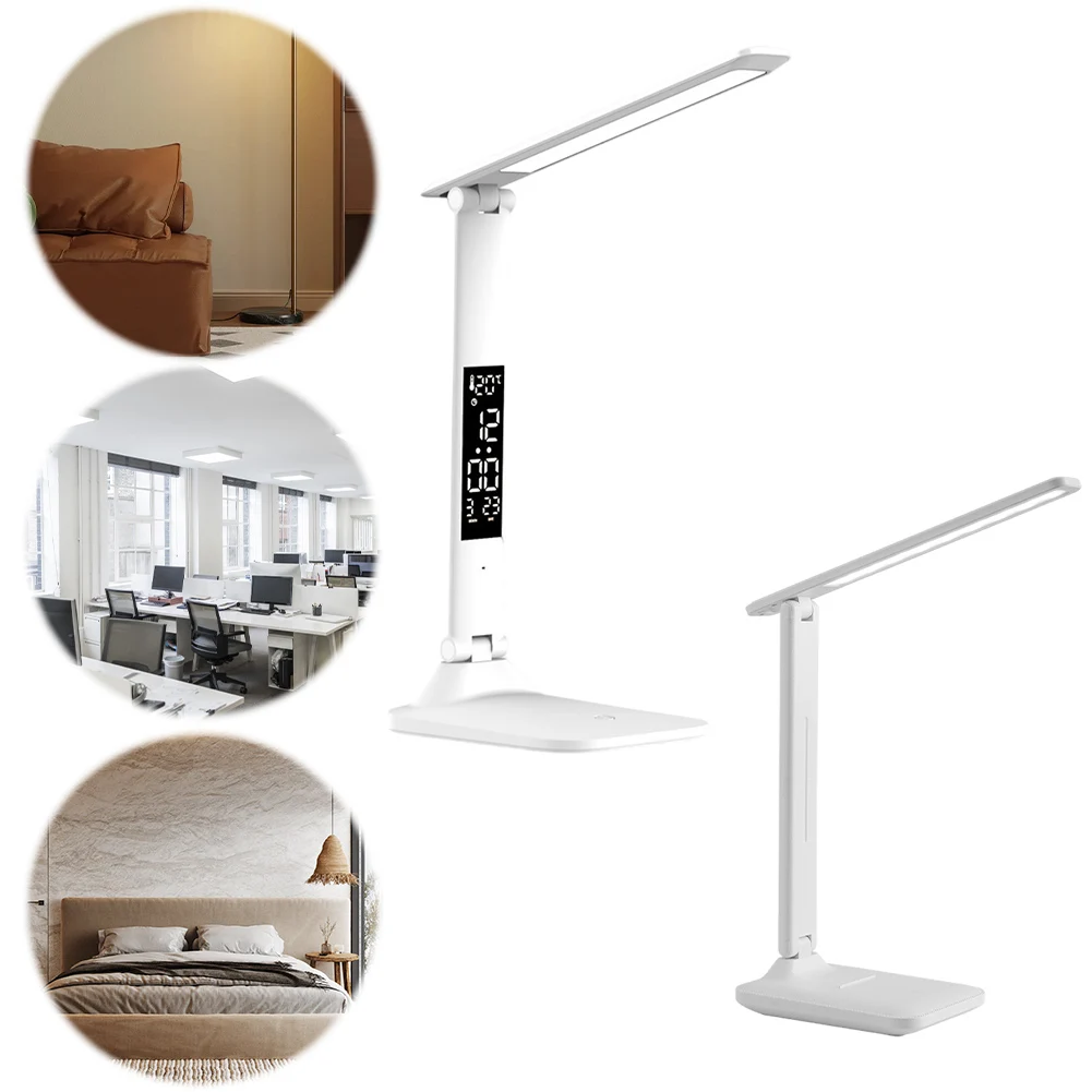 LED Desk Lamp 3 Color Dimmable Office Table Lamp with Clock Date Temperature Reading Light for Student Dormitory Bedroom Reading 3