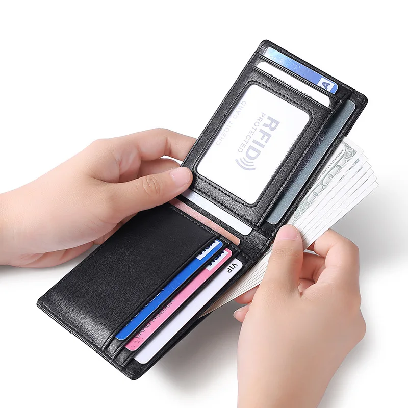 

New European and American Men's Fashion Leather Wallet Anti-RFID Theft Brush Short Dollar Clip Hand Card Slot Money Clip