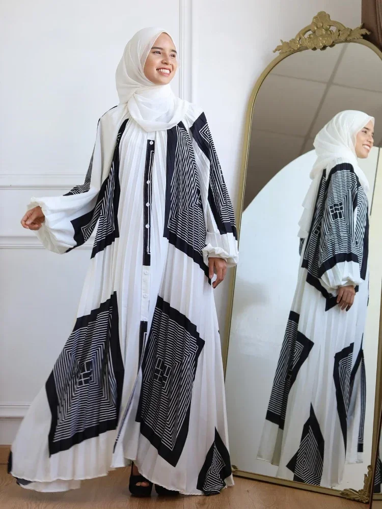 Hijab Muslim Dress Print Pleated Lantern Sleeve Loose Abaya Dubai Casual African Dresses for Women Robe Femme Musulmane Vestidos
