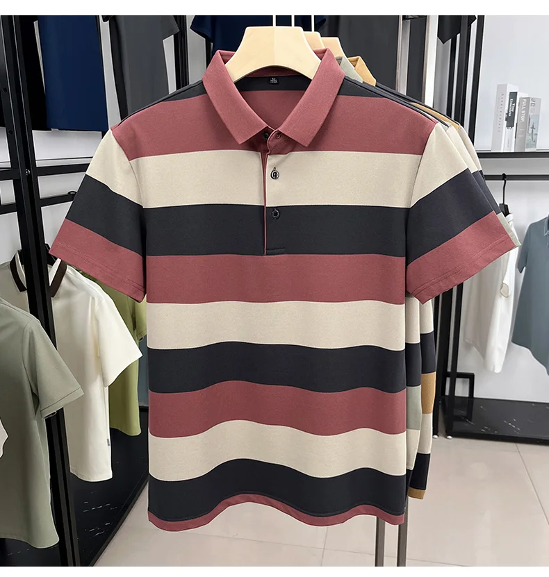 High end fashion men short sleeve polo shirt summer trend stripe men's wear middle-age business casual breathable lapel T-shirt 21 S089ddd7a1c1e4749b67a3b65bc267ea8H