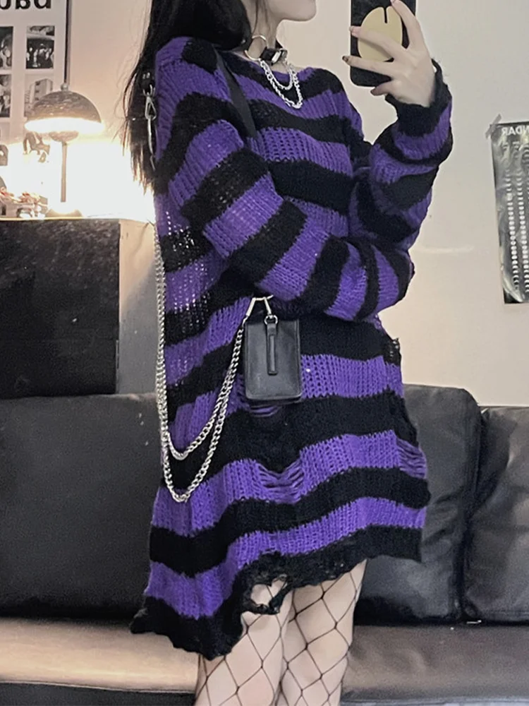 

Oversized Sweater Women Winter Striped Hole New Thin Loose Unisex Punk Female Loose Top Long Female Pullover Japanese Gothic