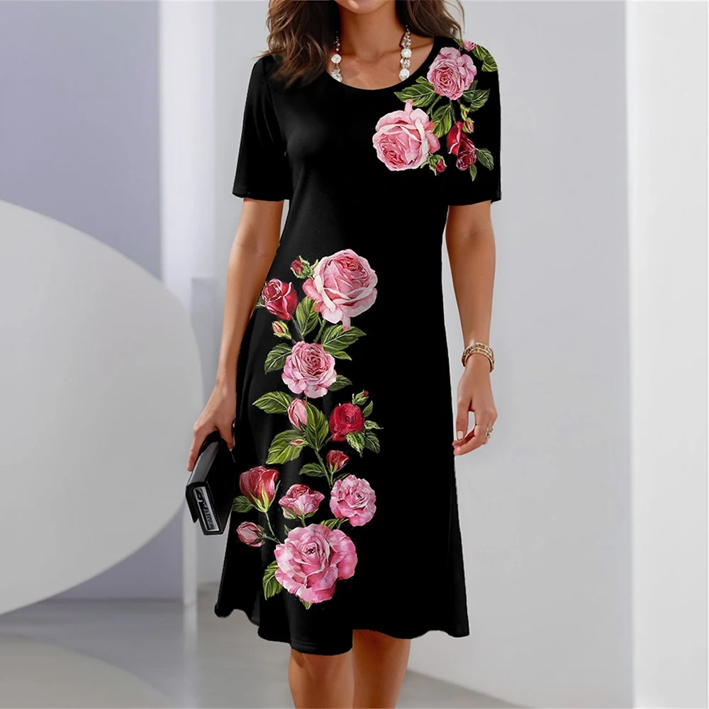 

Женское длинное платье с круглым вырезом, черное свободное платье с коротким рукавом и принтом, весна 2024