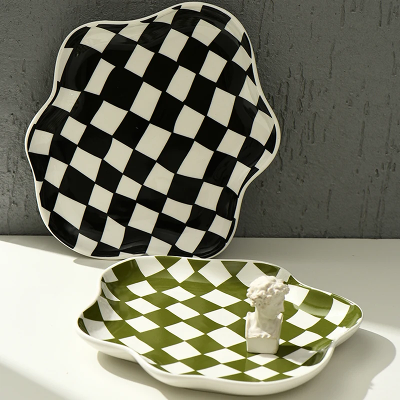 NordicCheckerboardCeramicPlateJewelryStoragePlateDessertPlate