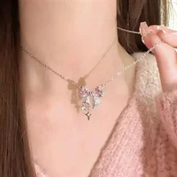 Fashion Fairy Pink Crystal Bow Knot Pendant Necklaces Y2K Girls Sweet Rhinestone Heart Clavicle Chain Women Jewelry Gifts 4