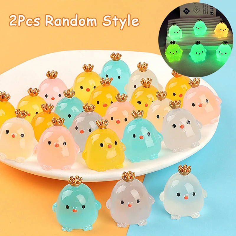 

2Pcs Luminous Crown Chick Ornament Mini Cartoon Animal Doll Micro Landscape Decoration Dollhouse Miniature Toy