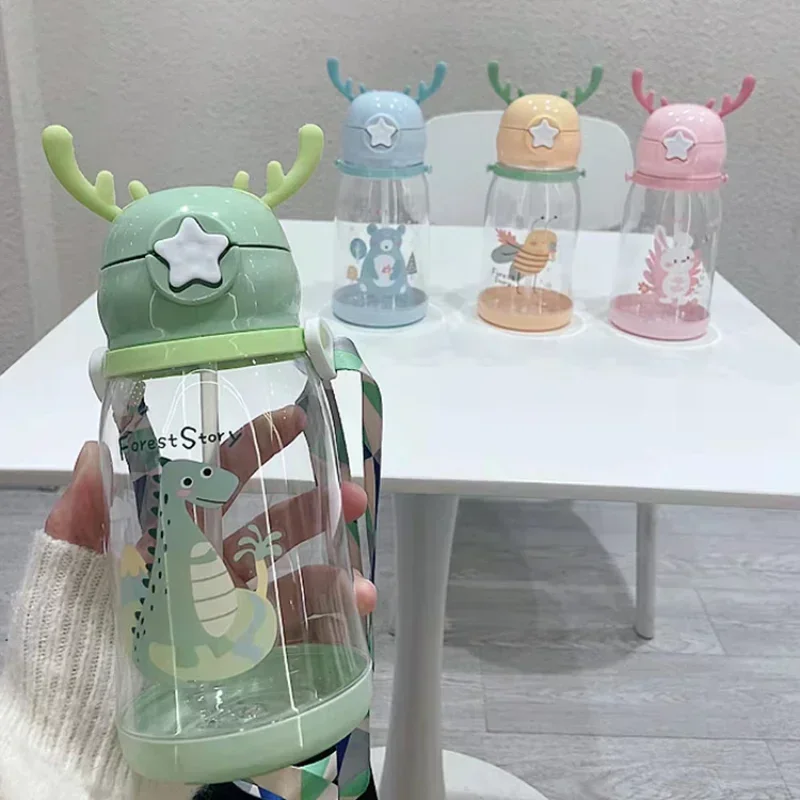 Cartoon Cute Children's Water Bottle Portable Straw Cup Large Capacity Anti Drop Student Bounce Cover Plastic Water Cup Summer