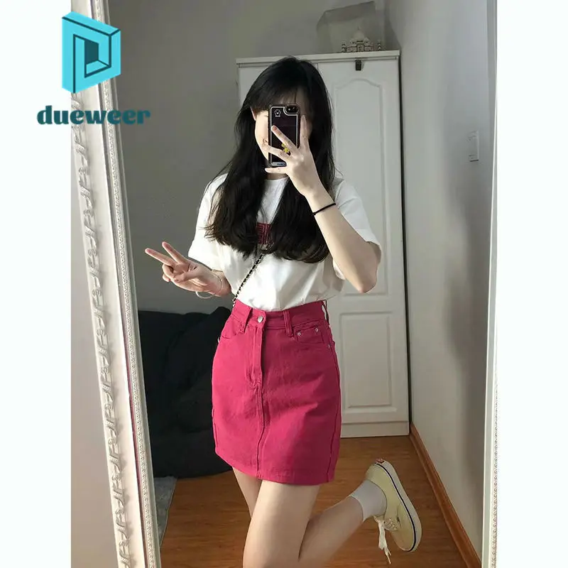 

DUEWEER Kawaii Rose Pink Denim Short Skirt Women's High Waist A Line Skirt Harajuku Korean Fashion Summer Mini Sexy Wrap Skirt