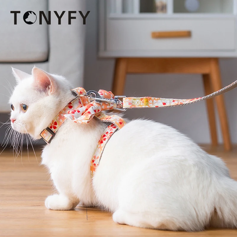 Pet Harness Leashes Set Japanese Style Bow Flower Printed Cats Collar