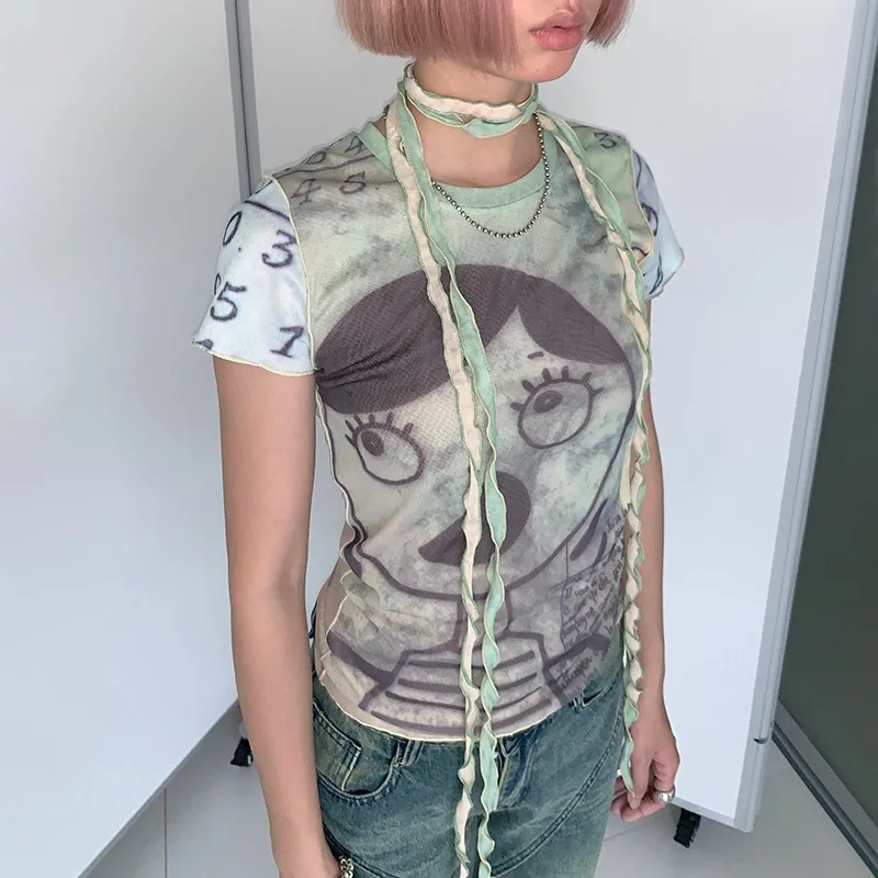 Karrcat Grunge Aesthetics Mesh Tops Y2k Cyber Graphic T-shirt Harajuku Fairycore Bandage Crop Top 2000s E-girls Sheer Tops Chic 3