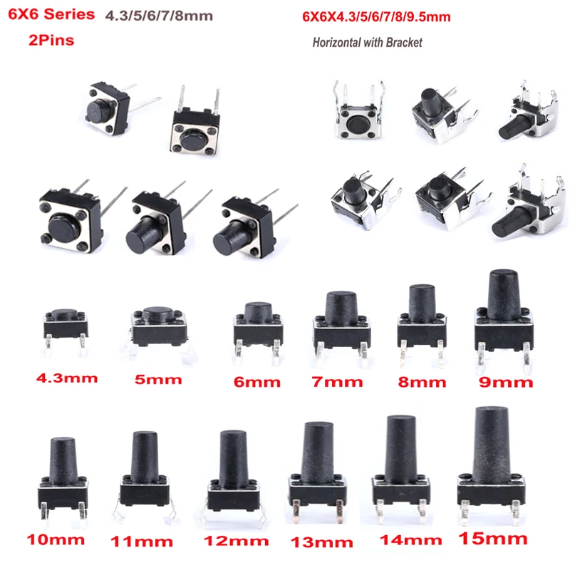 50PCS 6X6 Serie Takt Schalter 6*6*4.3/5/6/7/8/9/10mm Pins 2/4 Füße Horizontale Halterung Push Button Switch DIP PCB Micro/schlüssel Schalter