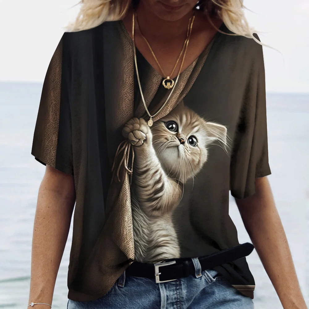 

V-Neck Short Sleeve T-ShirtsFashionable Women's T-Shirts Cute Kitten 3D Print Girl Summer Harajuku Loose Casual Clothing Kawaii