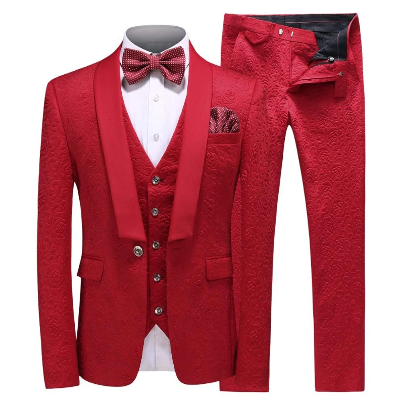 

Red Pattern Groom Tuxedos for Wedding Shawl Lapel Slim Fit Men Suits Prom Dinner Best Man Blazer 3 Pcs (Jacket+Pants+Vest) 2023