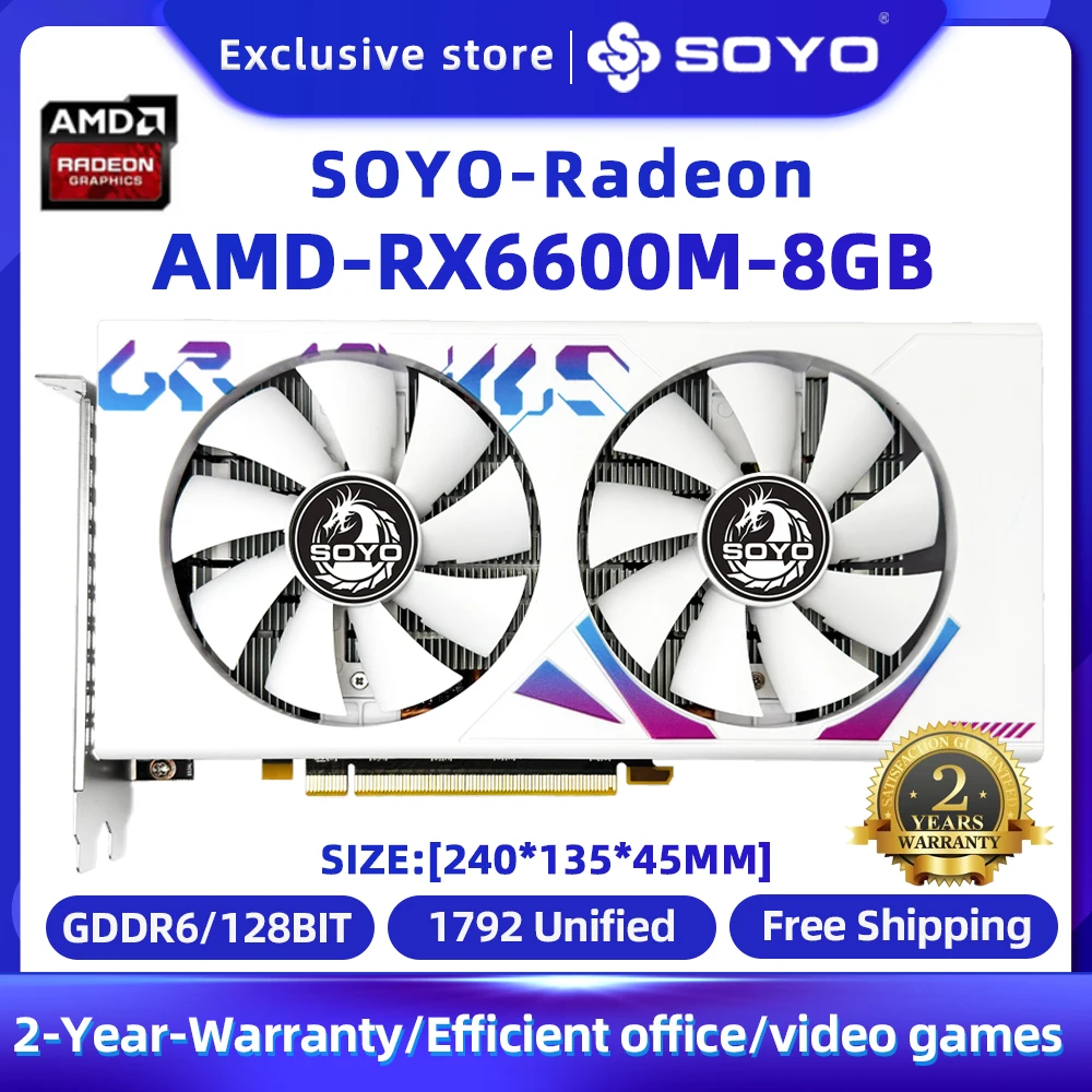 SOYO new AMD placa de video Radeon RX6600 RX6600M 8GB 8Pin 128Bit DDR6 PCIE4.0x8 Gaming Graphics Card for Desktop Computer GPU