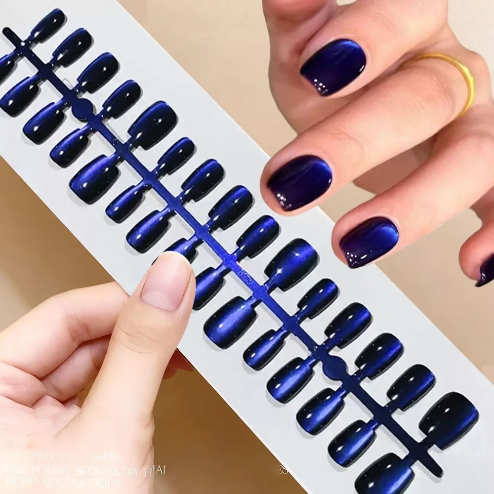 30개 우아한 다크 블루 캣아이 가짜 손톱 광택 있는 로얄 블루 짧은 스퀘어 프레스온 네일 풀커버 아크릴 네일 장식 T6