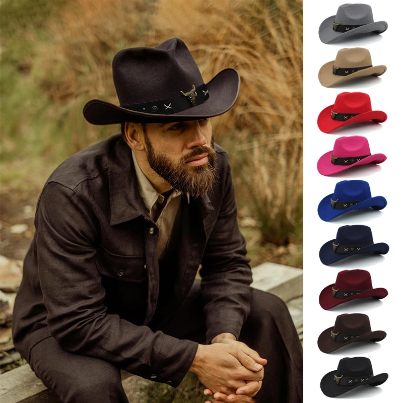 

3 Sizes Parent-child Men Women Kids Children Woolen Western Cowboy Hat Wide Brim Sunhat Party Travel Outdoor Cap Classical Retro
