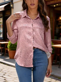 Women's Satin Leopard Print Shirt Long Sleeve Button Down Casual Blouse 4