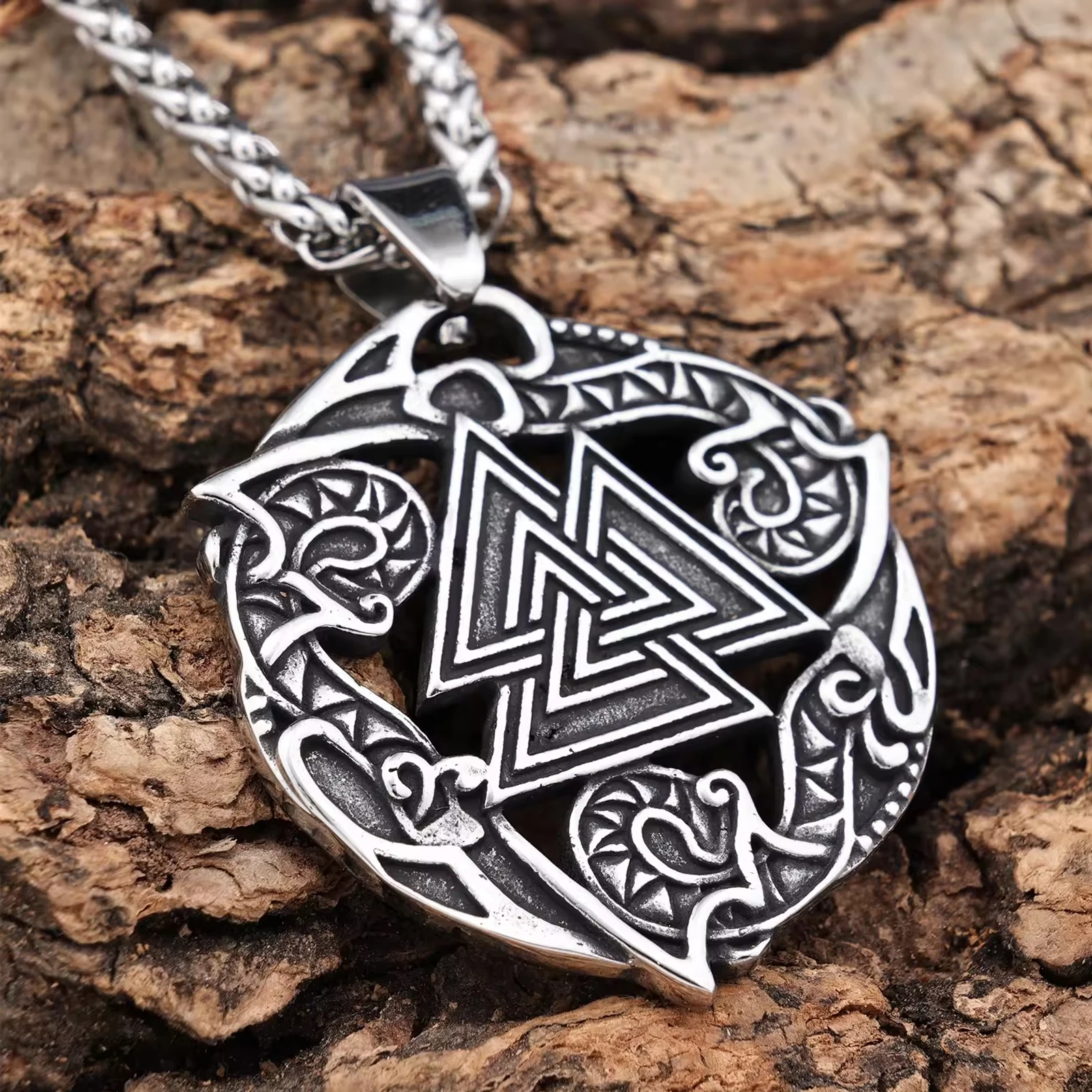Viking Pagan Amulet Jewelry Raven Crow Triangle Pendant Life Of Flower stainless steel Necklace Men Gifts